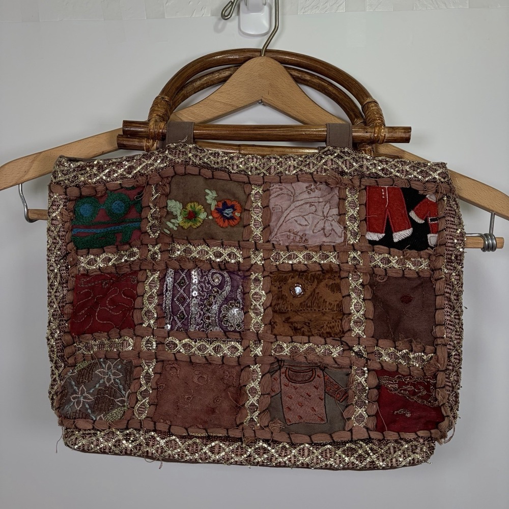 Multicolor Brown Silk & Cotton Patchwork Bamboo H… - image 2